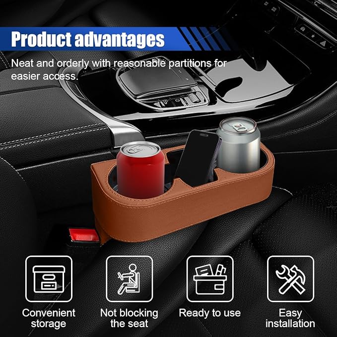 Car Cup Holder, PU Leather Cover Auto Front Seat Organizer, Brown | Multifunctional Cup Drink Holder, Gap Filler Coin Bucket Storage Box, Console Side Pocket, Cell Mobile Phone Holder