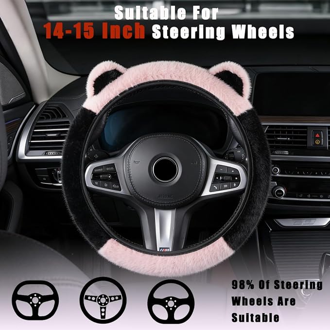 Fluffy Car Steering Wheel Cover with Cute Ears Keychain Women Black Pink | Steering Wheel Covers 14-15 inch Universal Elastic Steering Wheel Protector Accessories for Girls