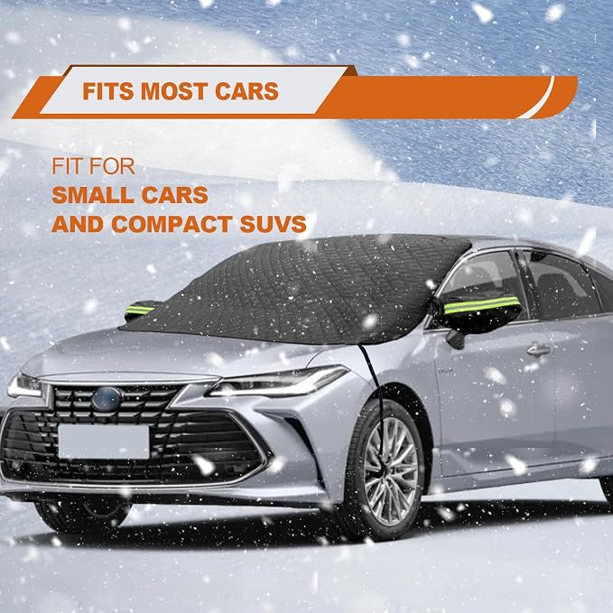 Car Windshield Snow Cover with Side Mirror and Hook, Winter Magnetic Windshield Sun Shade Foldable, Windshield Cover for Ice and Snow, Fit for Small Sedan, Compact SUV, (58"x47") Black