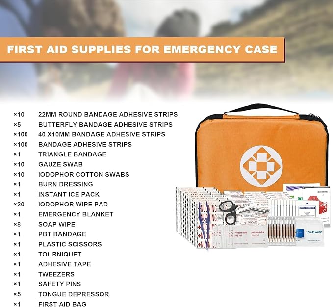 300Piece Portable First Aid Kit Refill Supplies for Car Mini Caming Emergency First Aid Kit Hiking Survival Essential Kit for Outdoor Adventure Emergency Case, Orange