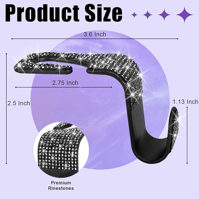 6 Pack Bling Car Seat Headrest Hooks, Car Accessories for Women, Rhinestone Purse Hook for Car, Universal Storage Organizer for Handbag Grocery Bags Coats (Bling Black)