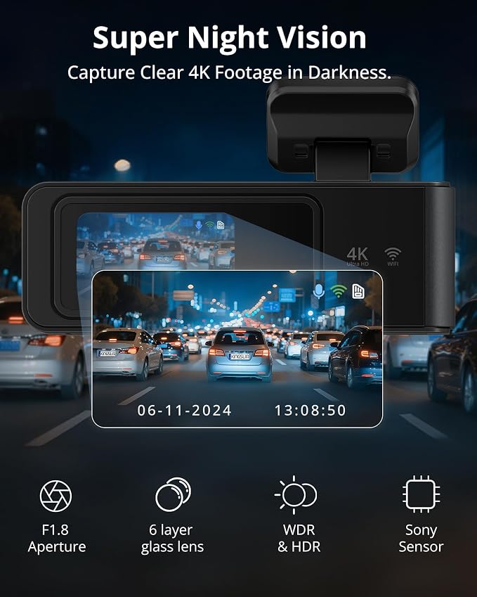 4K Dash Cam Front and Rear, Front 4K Rear 1080P Dual Dash Camera for Cars, Mini Dashcam with 64GB Card, APP Control, Night Vision, G-Sensor, Loop Recording, Parking Mode