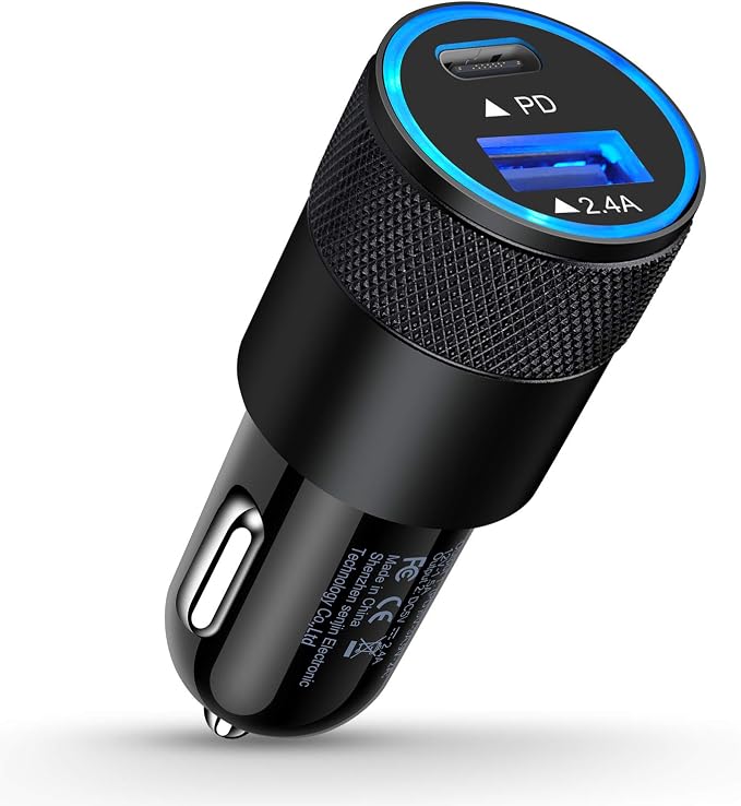 30W PD USB C Car Charger, USB Type C Fast Power Charging Block Dual Port USB A & USBC Plug Cargador Carro Lighter Adapter for iPhone, iPad, Samsung Galaxy, LG, Google Pixel, Moto, USB-C Port