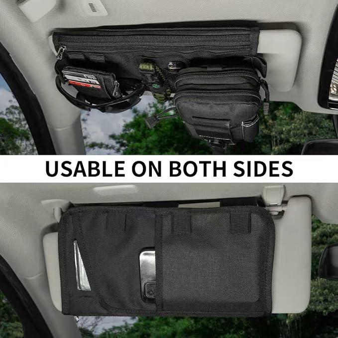 Car Sun Visor Organizer, Double Sided Visor Organzier with Card Pouch for Cars, Trucks, Vans, Multi-Functional Sunglass Holder, Tactical MOLLE Accessories