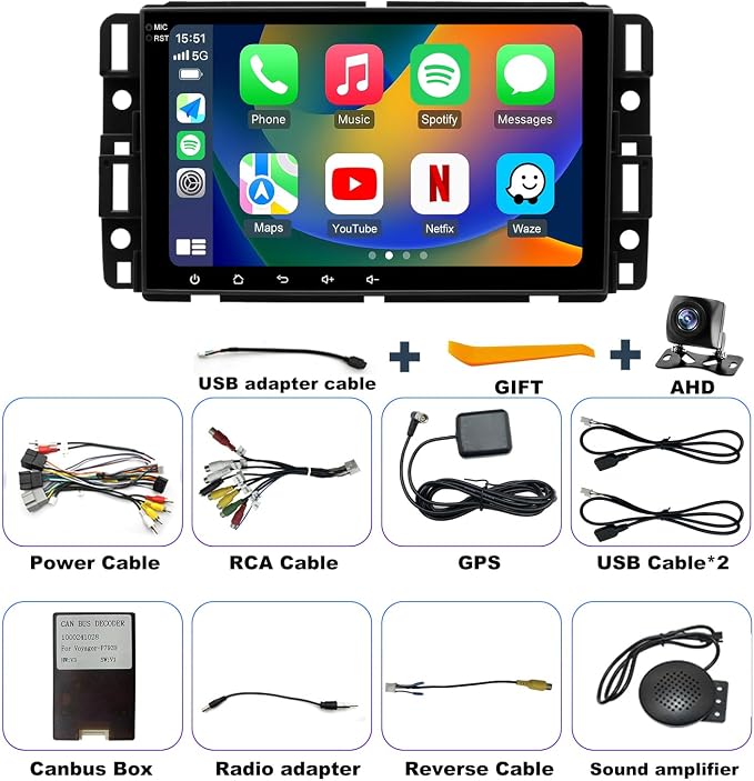 5GWiFi Car Radio for Chevrolet Silverado 1500 GMC Sierra 1500 2007-2013, Yukon Tahoe 2007-2014, Acadia 2007-2012, Savana Equinox 8inch Touch Screen Stereo, Carplay Android Auto GPS Camera