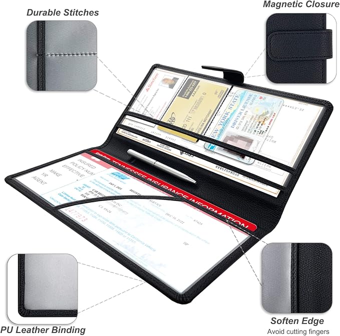 Car Registration and Insurance Holder, Leather Car Glove Box Organizer, Cool Car Accessories for ID, Driver's License Cards & Essential Document, Men&Women, Black#2