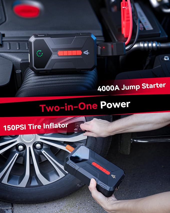 Andeman 4000A Jump Starter with 150PSI Air Compressor, Car Jump Box with Type-C Quick Charge, All in One 12V Lithium Battery Car Jumper for 8.5L Gas/7L Diesel Engine, Ep-177