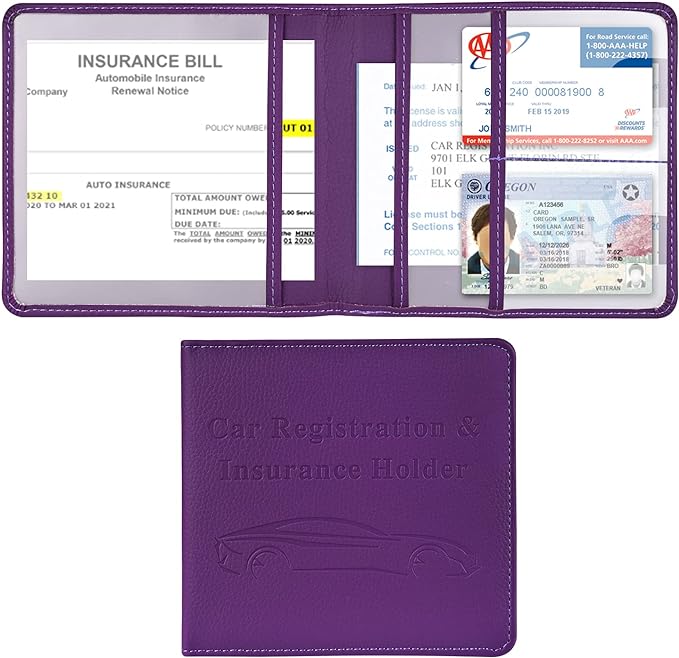 Car Registration and Insurance Holder, Vehicle Glove Box Car Organizer Men Women Wallet Accessories Case for Cards, Essential Document, Driver License, Purple