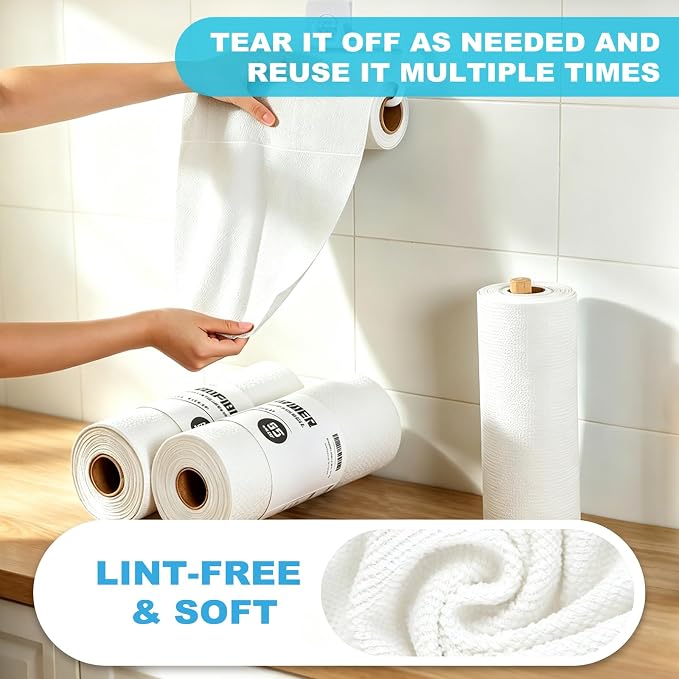 55 Pack Microfiber Cleaning Cloth Roll, Tear Away Reusable Towels, 11" X 9", Ultra Absorbent & Lint Free Microfiber Cloth for Cleaning Cars, Kitchen, Window, and Shop (White, 9”X11”-55PK)