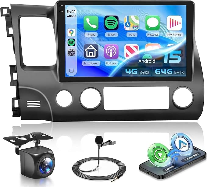 [4+64G] Android 15 Car Radio Stereo for Honda Civic 2006-2011 with Wireless CarPlay & Android Auto, 10.1 Inch in-Cell Screen Car Auido with AHD Backup Camera GPS WiFi FM RDS Radio EQ SWC