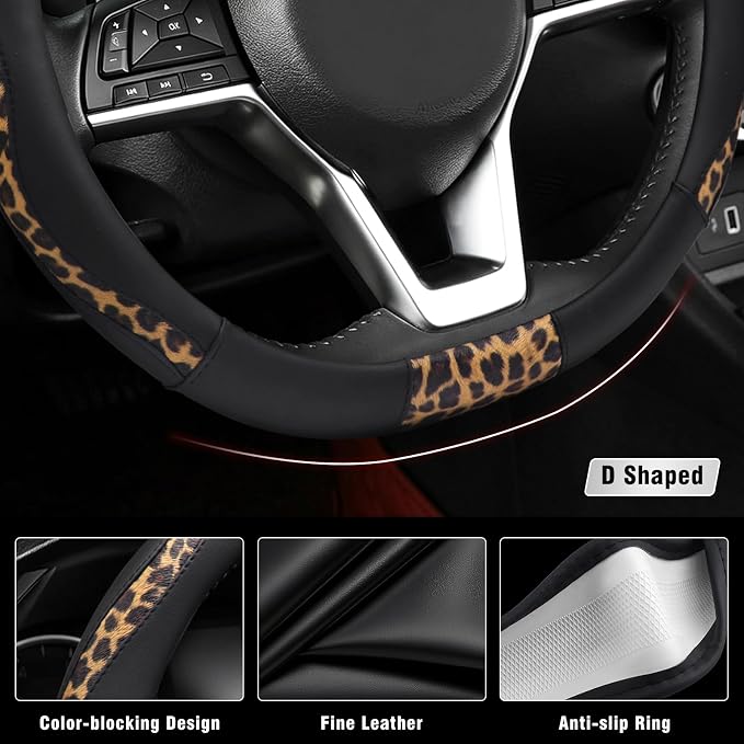 Leopard Print Steering Wheel Cover, D Shaped Car Wheel Cover Microfiber Leather 14 1/2-15 in (37-39 cm)