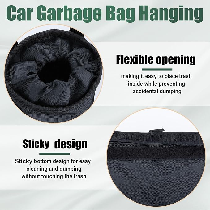 2 PCS Car Trash Bags, Car Accessories Washable Garbage Bag Hanging, Detachable Trash Can with Top Elastic Vent & Sticky Strap Bottom Opening, Seat Back Tash Bag for Cars,Travelling,Outdoor