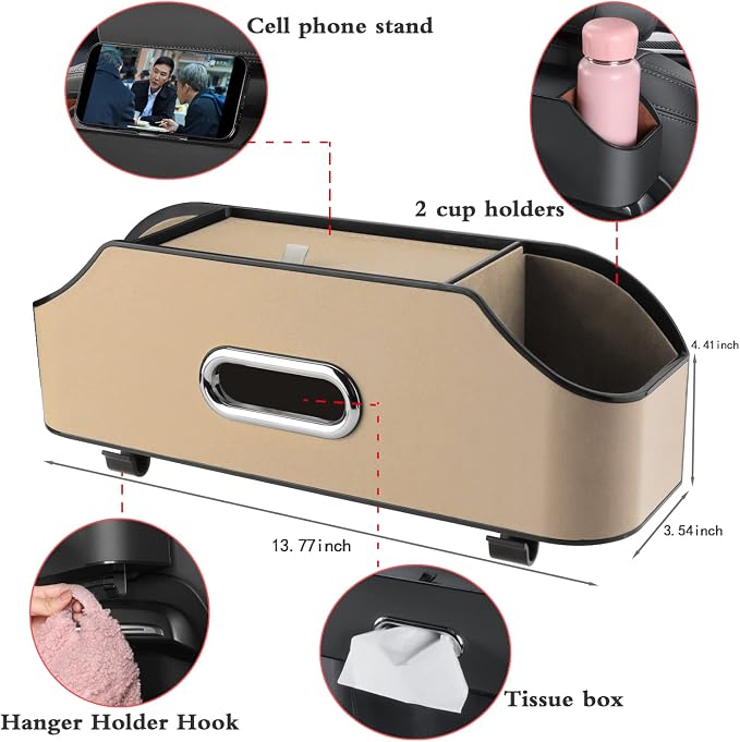 Car Back Seat Organizer with 2 Drink Cup Holder - Tissue Box and Storage Box Hook - Multi-functional Storage - Great for Kids and Travel (Beige)
