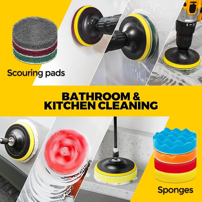 22Pack Drill Brush Attachments Set, Scrub Pads & Sponge, Buffing Pads, Power Scrubber Brush, Car Polishing Pad Kit,Wax Applicator Pad,Car Cleaning Kit,Cleaning Supplies,Masonry Brushes,White