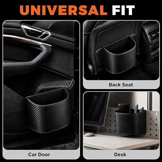 Leather Car Trash Can – Leakproof & Easy-to-Clean Car Garbage Can for Luxury Cars, SUVs & Trucks | Includes 60 Custom Liners, Secure Hook, Easy Install, Carbon Fiber