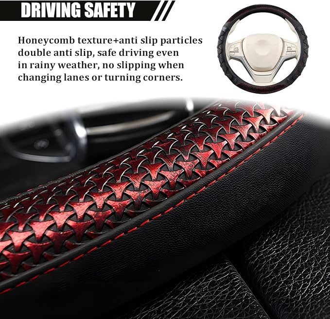 Car Steering Wheel Cover, 14.5-15" Anti-Slip Steering Wheel Protector with 3D Honeycomb Massage Grip, Comfortable Auto Interior Decor Accessories, Universal for SUV Van Truck (Black/Red)