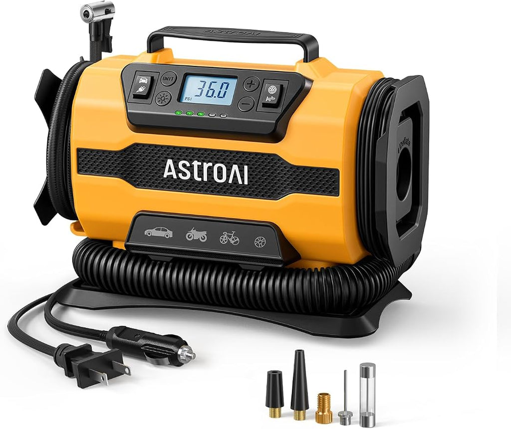 Tire Inflator Portable Air Compressor, 150PSI 12V DC/110V AC Air Pump with Dual Metal Motors & LED Light, Two Modes for Car Tires, Bikes, Air Mattresses & Home Use, Compact Design, Yellow