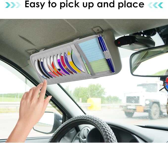 Trinkrittey Gray Car CD Case Holder Vehicle Sun Visor Organizer Vehicle Visor Storage Orangizer Large Capacity CD Visor Case with 12 DVD Storage Sleeves 1 Mesh Pocket 1 Pen Holder and Elastic Strap