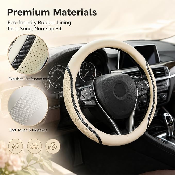 Beige Steering Wheel Cover with Coasters Leather Universal 15 inch | Carbon Fiber Car Steering Wheel Covers Microfiber Breathable Anti-Slip Durable Steering Wheel Accessories Set
