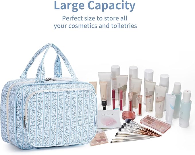 Travel Toiletry Bag for Women Large Hanging Makeup Bag Organizer Toiletries Bag for Full Size Essentials Accessories Cosmetics (Blue Flower Buds (Large))