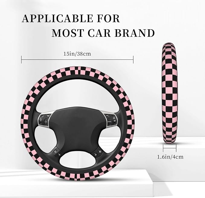 Pink and Black Checkered Steering Wheel Cover for Women, Universal Auto Steering Wheel 14-15 Inch Car Interior Accessories with 2PCS Car Coasters, Suitable for Men and Women