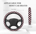 Pink and Black Checkered Steering Wheel Cover for Women, Universal Auto Steering Wheel 14-15 Inch Car Interior Accessories with 2PCS Car Coasters, Suitable for Men and Women