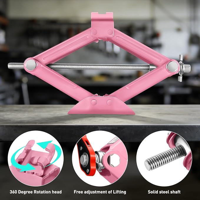 Scissor Jack for Car - 1.5 Ton (3,306 lbs) Car Jack Kit with Labor-Saving Ratchet Wrench for Cars, SUV, Sedans, 4'' - 15.2'' Lifting Range, Pink, TOOLS-00282-PK