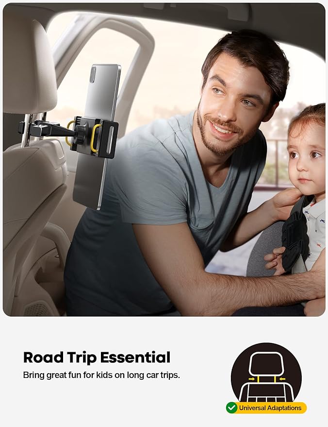Car Tablet Headrest Holder - Car Back Seat Headrest Tablet Mount Stand for Kids, Road Trip Essentials Accessories Gifts, for 2025 iPad Pro 11/13" Air Mini, iPhone, Galaxy Tab, 4.7-13" Devices