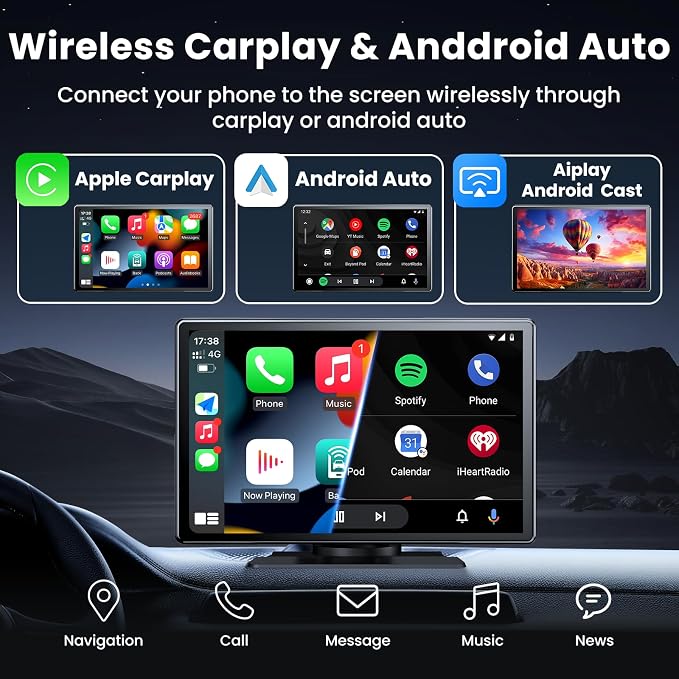 Wireless Apple CarPlay Screen for Car, 9" Portable Carplay & Android Auto Touchscreen Stereo with 4K Dash Cam 64GB SD, Car Radio with App Control, Bluetooth 1080P Backup Camera, GPS, Voice Control, FM