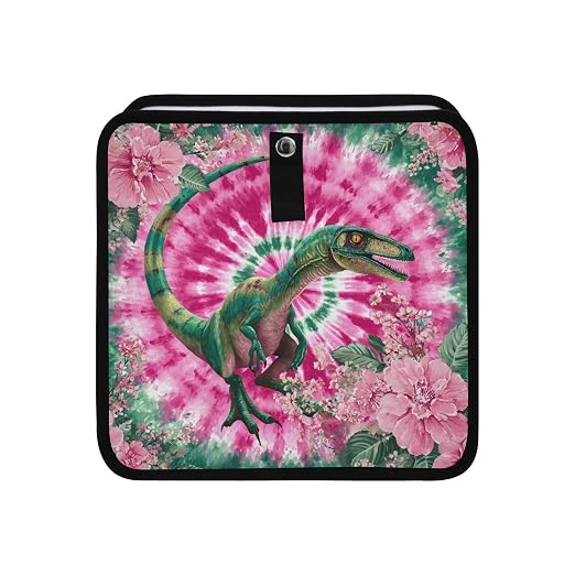 Car Trash Can Organizer Bin with Adjustable Strap for Back Front Seat Console Waterproof Leakproof Collapsible Portable 8.66 Inch Tie Dye Dinosaur Pink Green