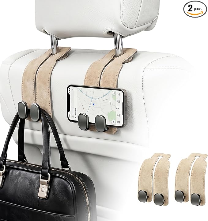 SUKIPIN Car Hooks, Car Seat Headrest Hooks for Purses and Bags 2-Pack Beige | Car Accessories for Women, Solid Durable Construction, Quick Tool-free Mounting, Universal Fit for Most Vehicle Headrests