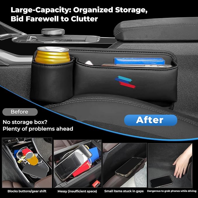 2 PCS Car Seat Gap Filler Organizer, Thickened Anti-Slip Leather Car Seat Crevice Storage Box with Cup Holder for BMW X3 X5 X7 X1 X6 X4 X1 X2 3 4 5 7 1 2 Accessories, with Sporty M 3-color logo