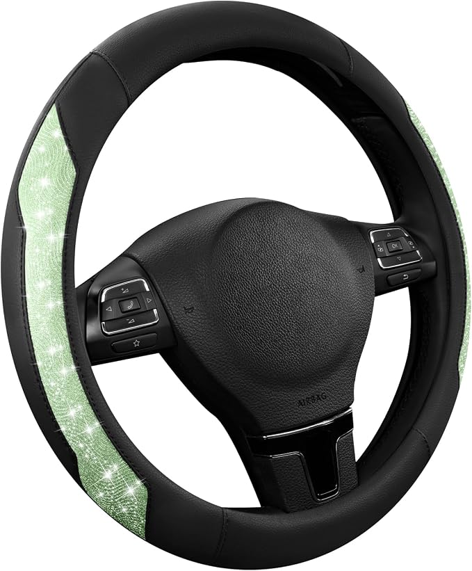 Steering Wheel Cover, Green Sparkly Crystal Bling Glitter with Leather, Universal Fit 14.5"-15.5" Car Steering Wheels for Girls & Women, Anti-Slip Wheels Cover for Cars, Trucks, Van, SUVs