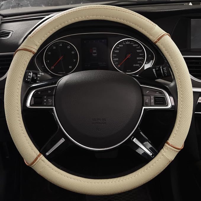 Line Rider Universal Fit Delux Leather Steering Wheel Cover, for suvs,sedans,Vans,Trucks for 14.7" to 15" (Beige)