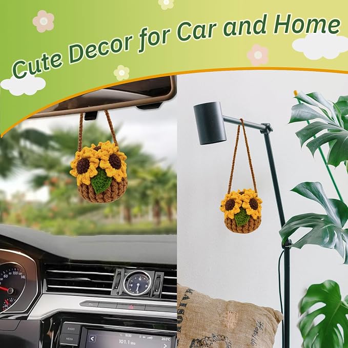 Crochet Hanging Plant for Car,Car Decorations Interior,Plant Aesthetic Car Accessories for Women Interior Cute,Car Ornaments Charms for Rear View Mirror,Boho Car Decoration Gifts