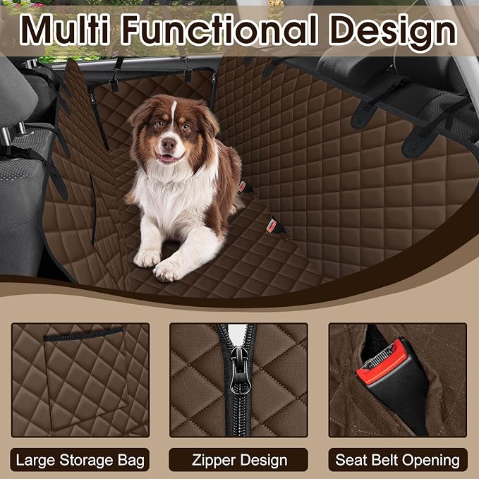 Waterproof Dog Car Seat Cover for Back Seat, Pet Hammock- L, Coffee/Black | Durable waterproof hammock with nonslip design & storage pockets. Protects seats from scratches, fits cars, SUVs & trucks.