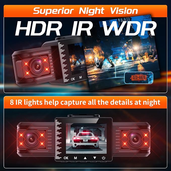 T1-pro Dash Cam Front and Rear Inside 3 Channel 1080P, Adjustable Lens Dash Camera for Cars with 8 IR Lamps Night Vision, Three Ways Triple Car Camera, Loop Recording, G-Sensor, Parking Monitor