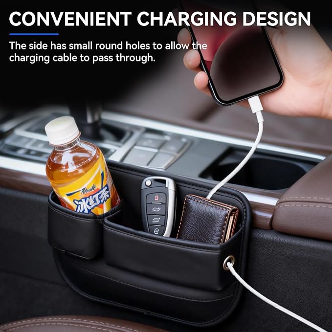 Car Seat Gap Filler Organizer, PU Leather Car Accessories Organizer, for Front Seat,Console Organizer for Phone, Keys and Small Items, It has a cup holder and a long storage slot.（Driver side)
