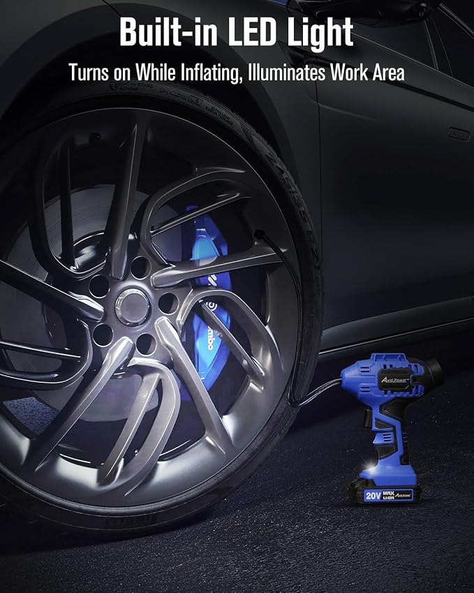 Cordless Tire Inflator Portable Air Compressor, 20V Rechargeable Battery Tire Pump w/ 12V DC Power Adapter, Digital Pressure Gauge, Auto Air Pump for Many Inflatables (Blue)