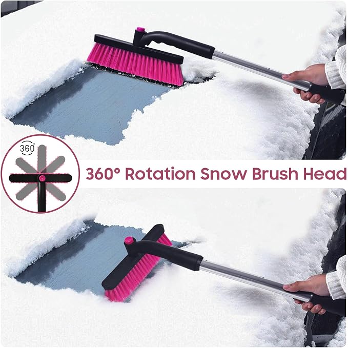 39in Car Snow Brush Ice Scraper 360° Rotating, Magenta Pink