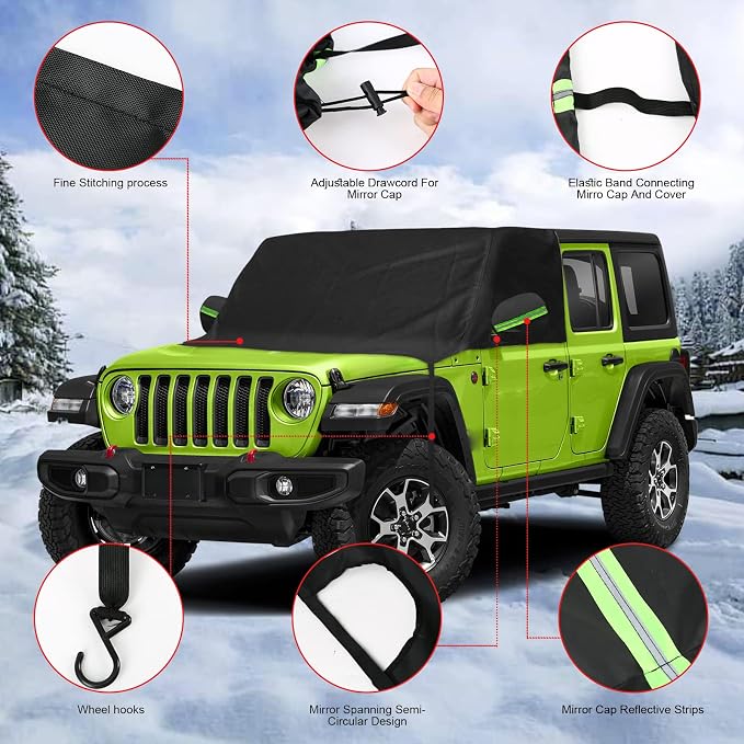 Windshield & Front Side Window Snow Cover Replace for Jeep Wrangler/Jeep Gladiator, 600D Oxford Cloth Windshield Cover with Mirror Cover for Snow Rain Hail Protection (Wrangler)
