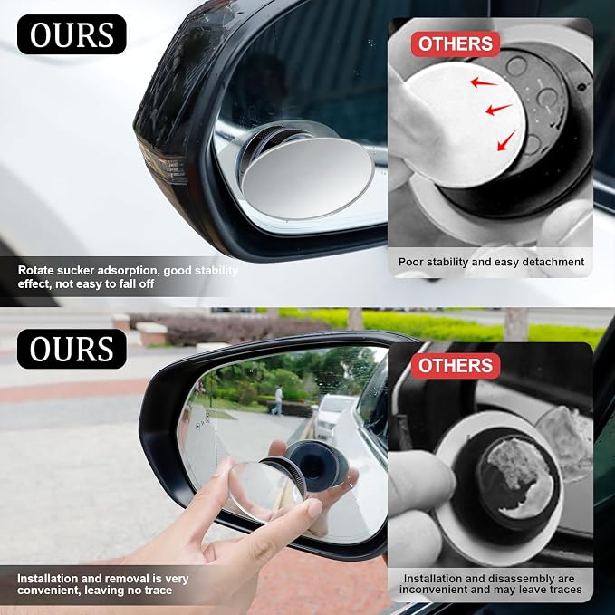 Blind Spot Car Mirror, Oval HD Glass Frameless Convex Side Mirror Blindspot, Reusable 360° Wide Angle Rear View Car Mirrors with Powerful Adjustable Suction Cup - Exterior Mirrors