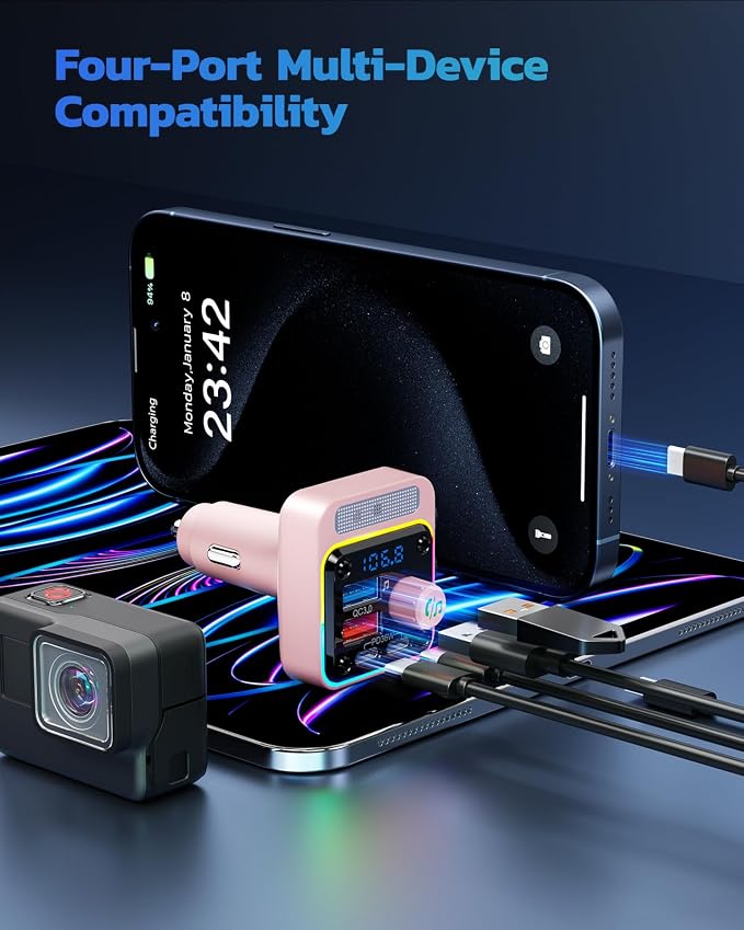 54W Bluetooth 5.3 Car Adapter with 4 Charging Ports [PD 36W & QC3.0 18W], Wireless Radio FM Transmitter with Deep Bass Player & 5 Colors LED Backlit, Hands-Free Calling - Pink