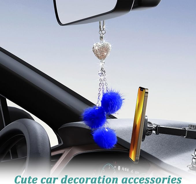 Bling Diamond Heart Car Interior Accessories, Car Mirror Hanging Ornament for Women, Love Heart & Pink Plush Ball Decor Ornament Pendant (Dark Blue)
