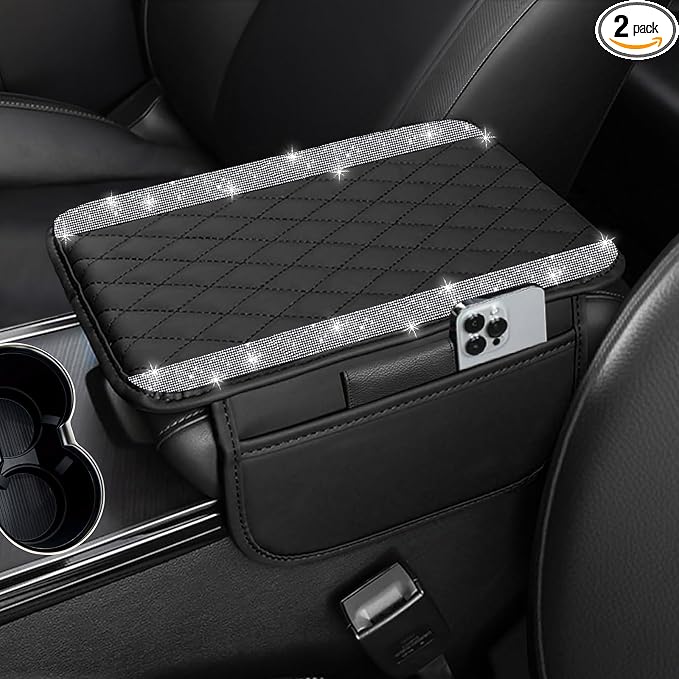 Bling Car Center Console Cover, Leather Car Arm Rest Cover Cushion with 2 Storage Bags, Universal Auto Armrest Protector Storage Box, Bling Accessories Interior for Most Vehicles (Silver)