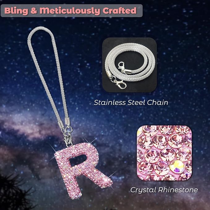 Bling Pink Car Accessories for Women Letter Charm, Rainbow Color Rear View Mirror Cute Crystal Pendant Car Decorations, Lucky Gifts Girly Diamond Rhinestone Charm Letter R