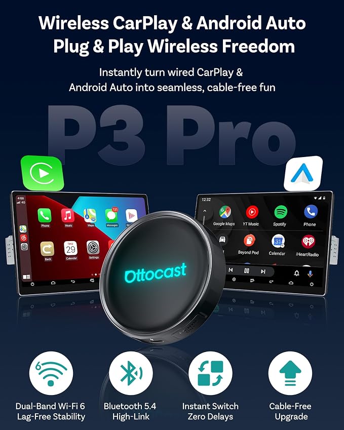 OTTOCAST P3 Pro AI Box – Wireless CarPlay & Android Auto Adapter, Android 13 with OttoDrive 3.0, HDMI Output, 8GB RAM + 128GB Storage, Cloud SIM, Supports YouTube, Netflix & TikTok Streaming