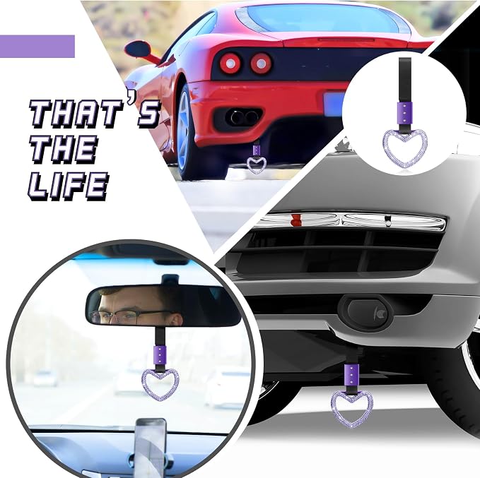 Bling Car Accessories Bling Heart Handle Ring Car Accessory for Women Hearts Strap Drift Charm Rear Bumper Warning Ring Decoration for Auto Bus Interior Exterior (Light Purple,Heart Style)