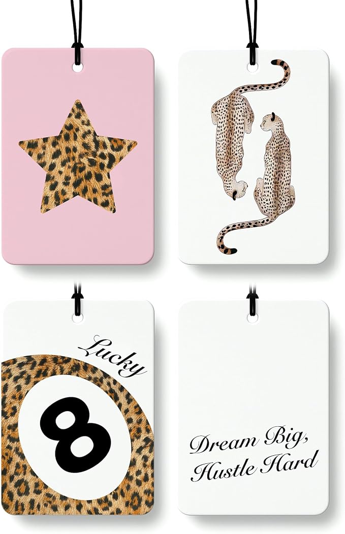 Trendy Leopard Car Air Freshener 4 Pcs, Preppy Pink Cheetah Print Star Lucky 8 Ball Hanging Air Freshener for Cars Closet Drawer Books, Cute Girly Car Accessories Mirror Decor for Women