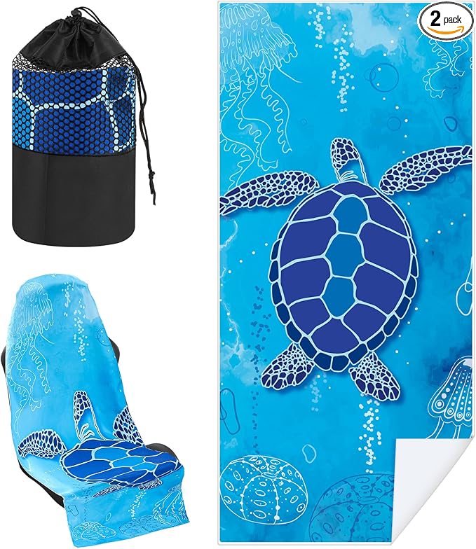 Car Seat Towel Covers with Storage Bag, 63 x 32 Inch Universal Non Slip Waterproof Sweat Protector for Car Truck, Gym Swimming Running, Machine Washable(2 Pack,Sea Turtles)